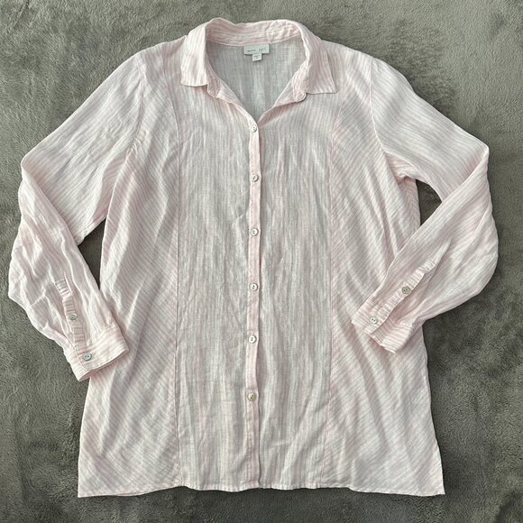 J. Jill Love Linen Pink White Striped Button Down Shirt MEDIUM Long Sleeve Tunic - Picture 1 of 6